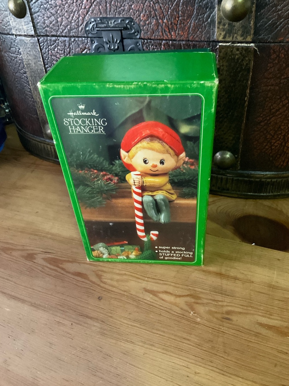 Hallmark Elf Stocking Hanger with Red Hat and Green Box